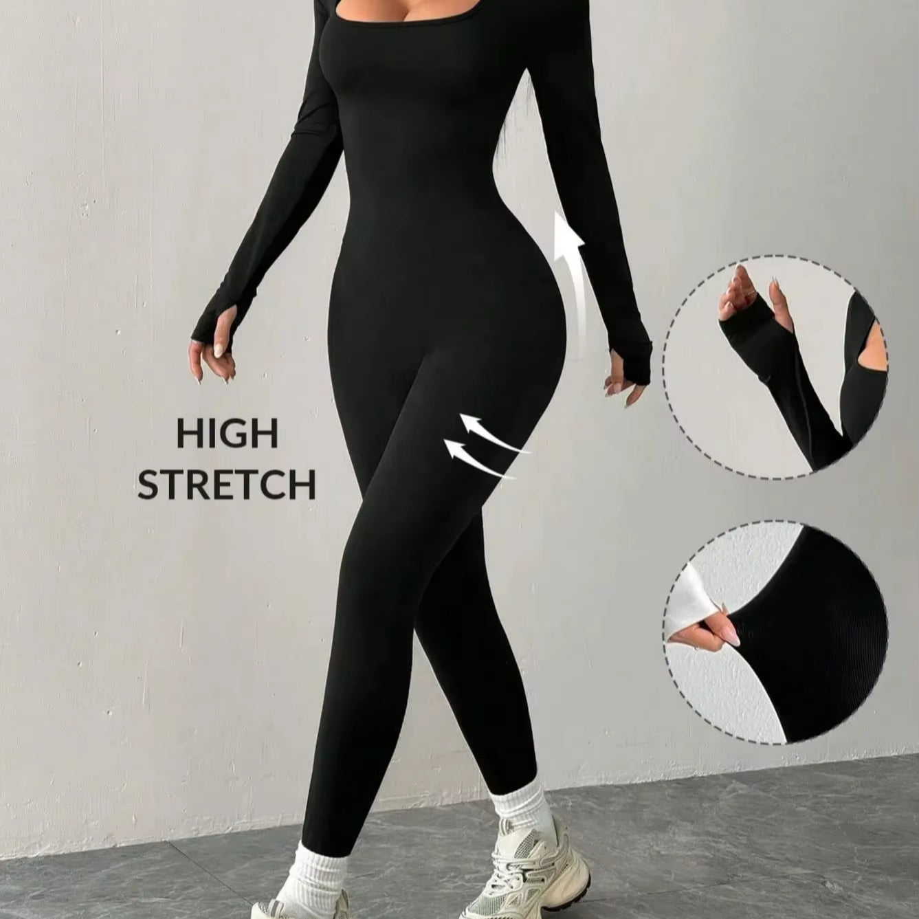 Black Knit Square Neck Fitted Casual Sports Yoga Jumpsuit