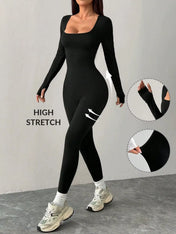 Black Knit Square Neck Fitted Casual Sports Yoga Jumpsuit