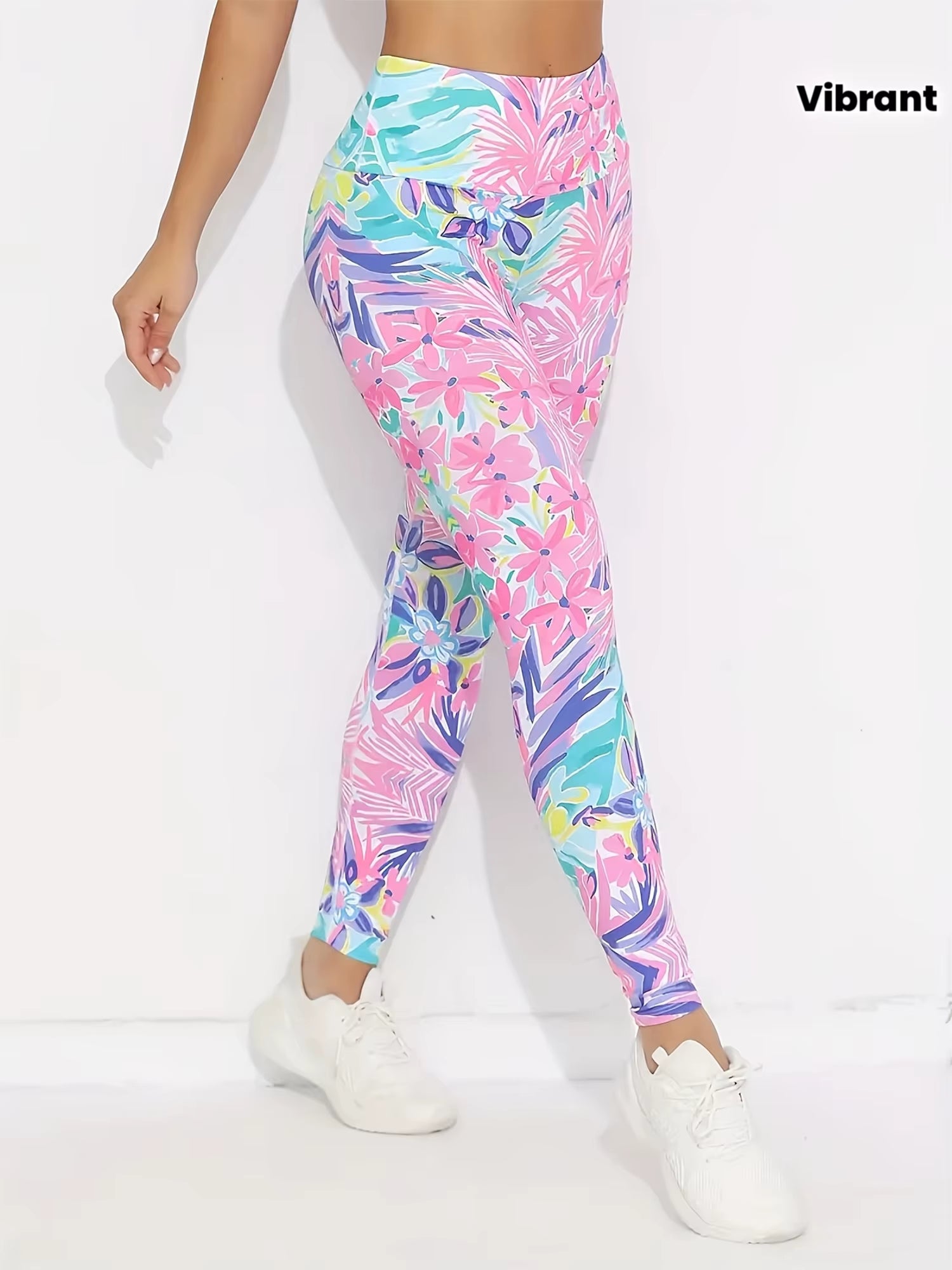 Women Fleece Lined Leggings Pink Tropical Floral Leaf Print Stretch Warm Casual Pants