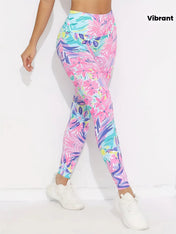 Women Fleece Lined Leggings Pink Tropical Floral Leaf Print Stretch Warm Casual Pants