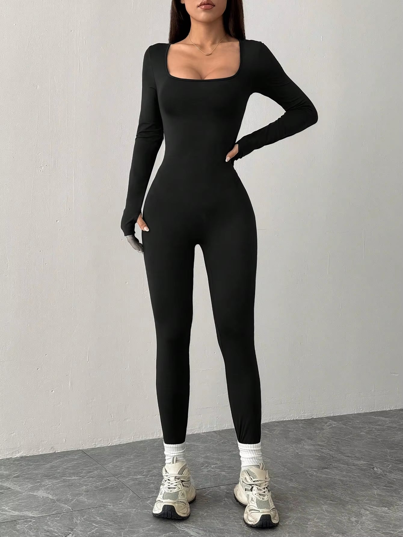 Black Knit Square Neck Fitted Casual Sports Yoga Jumpsuit