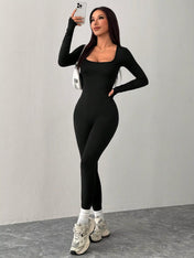 Black Knit Square Neck Fitted Casual Sports Yoga Jumpsuit