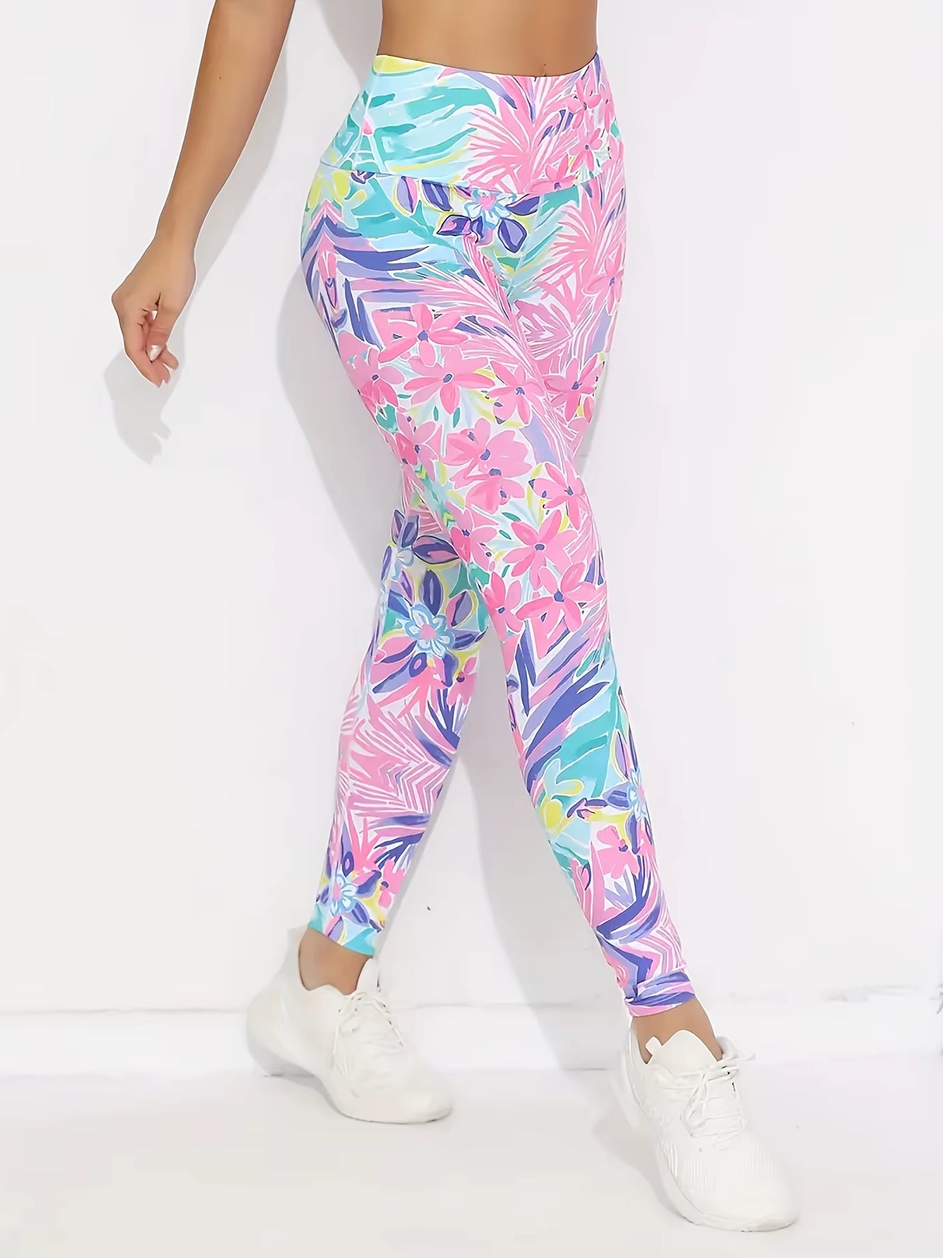 Women Fleece Lined Leggings Pink Tropical Floral Leaf Print Stretch Warm Casual Pants