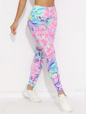 Women Fleece Lined Leggings Pink Tropical Floral Leaf Print Stretch Warm Casual Pants