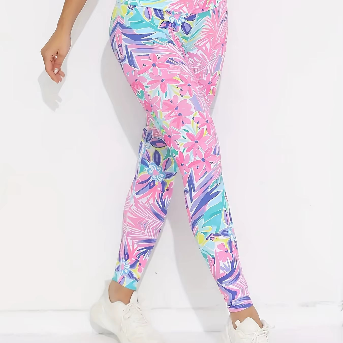 Women Fleece Lined Leggings Pink Tropical Floral Leaf Print Stretch Warm Casual Pants