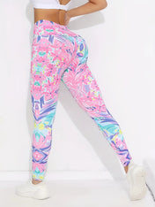 Women Fleece Lined Leggings Pink Tropical Floral Leaf Print Stretch Warm Casual Pants