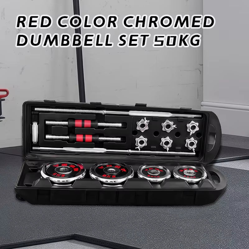 50Kg Adjustable Cast Iron Dumbbell Set, Red Chrome-Plated Adjustable Dumbbell Set with Box