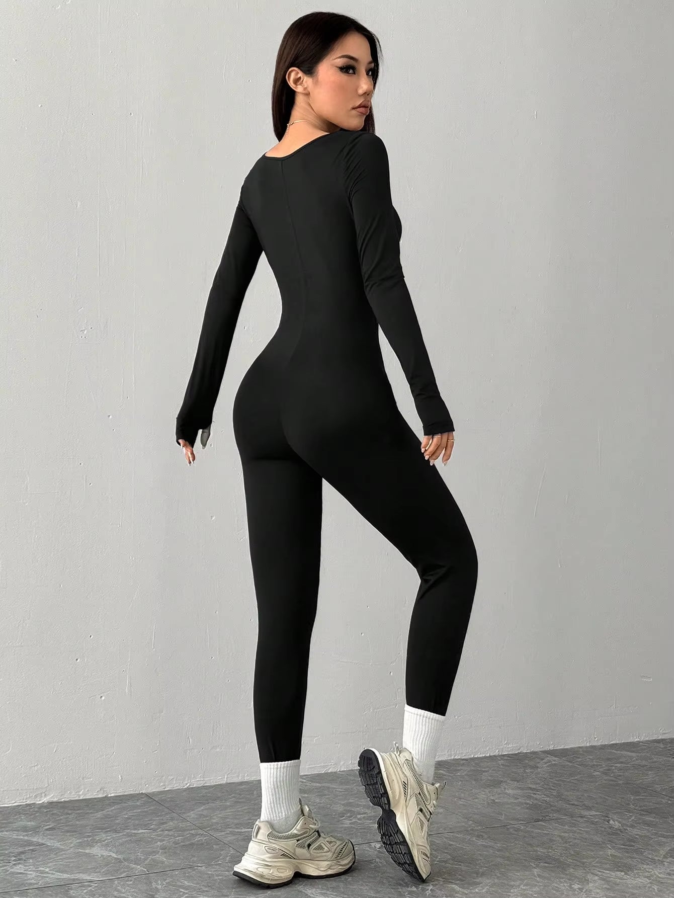 Black Knit Square Neck Fitted Casual Sports Yoga Jumpsuit