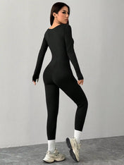 Black Knit Square Neck Fitted Casual Sports Yoga Jumpsuit