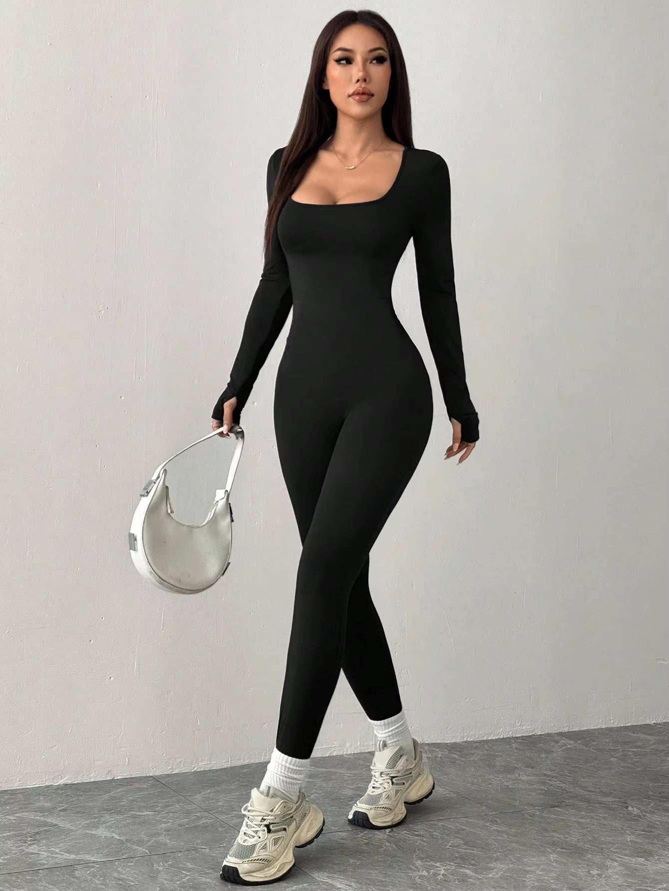 Black Knit Square Neck Fitted Casual Sports Yoga Jumpsuit