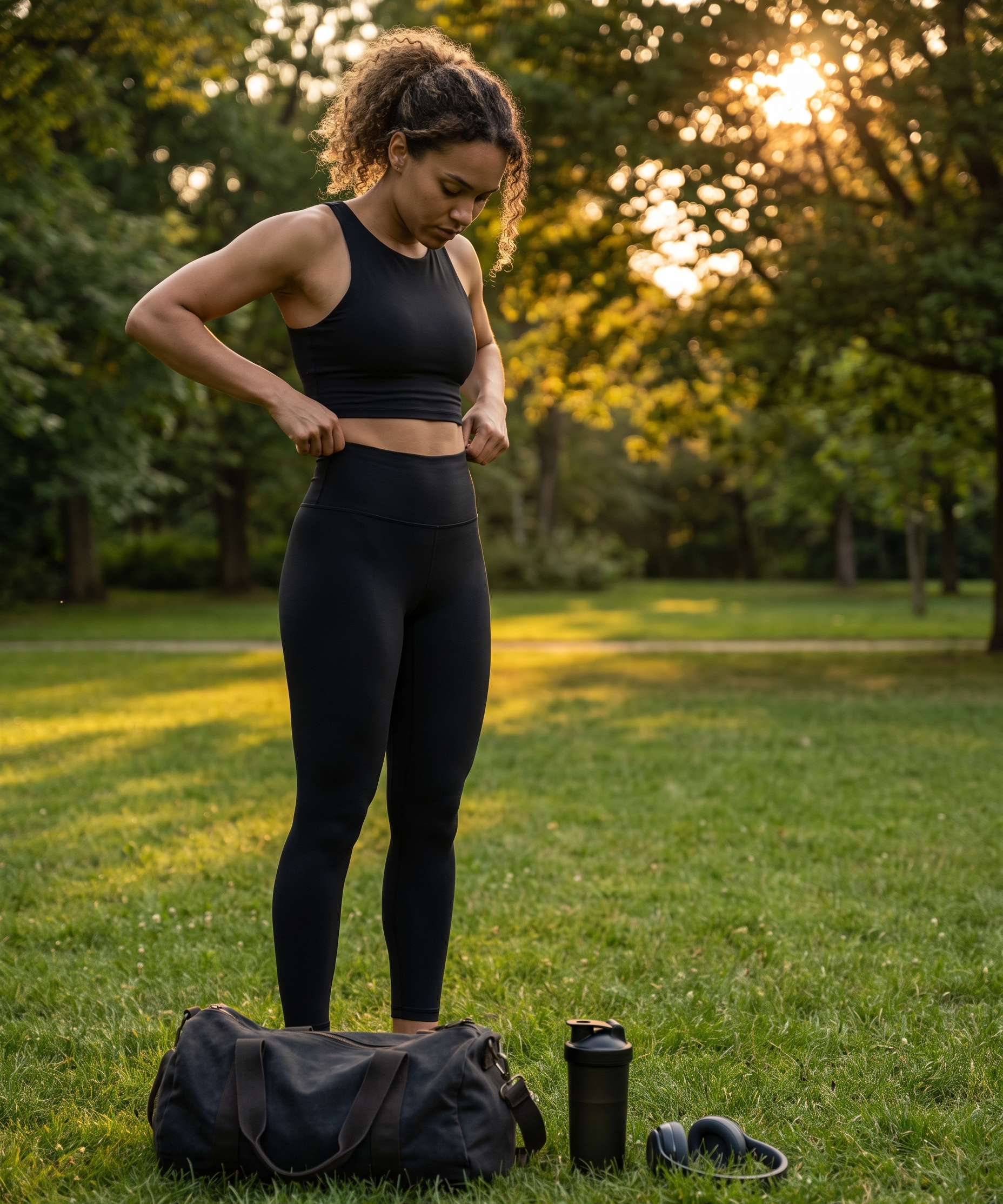 Woman in black activewear in the park