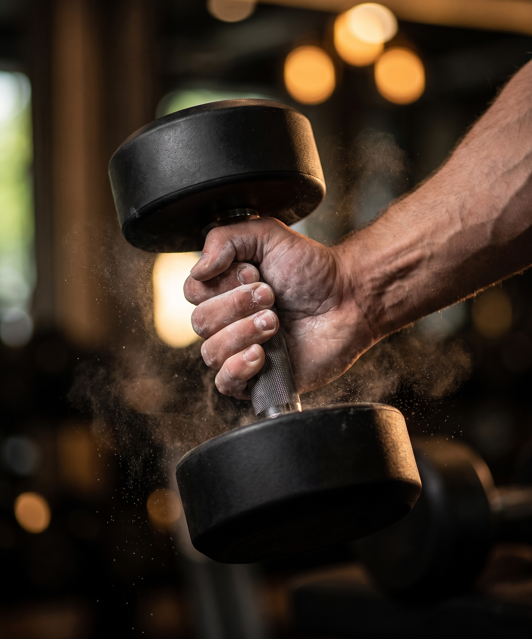 Chalked hand gripping a dumbbell