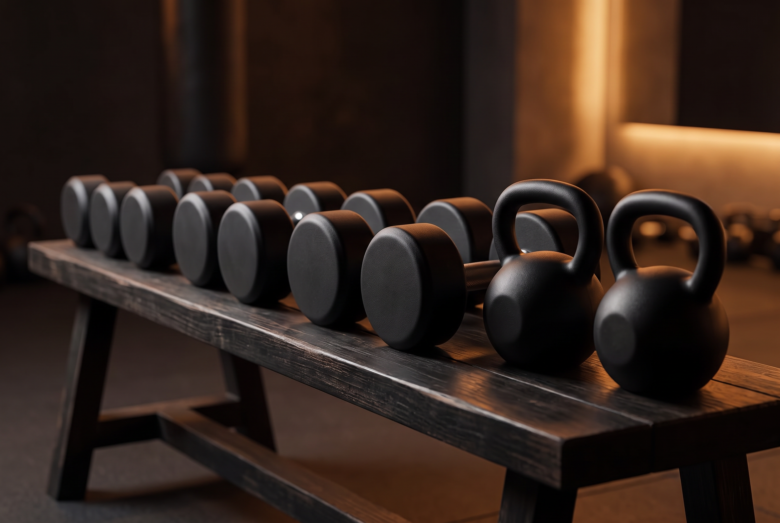 Dumbbells and kettlebells on a gym bench