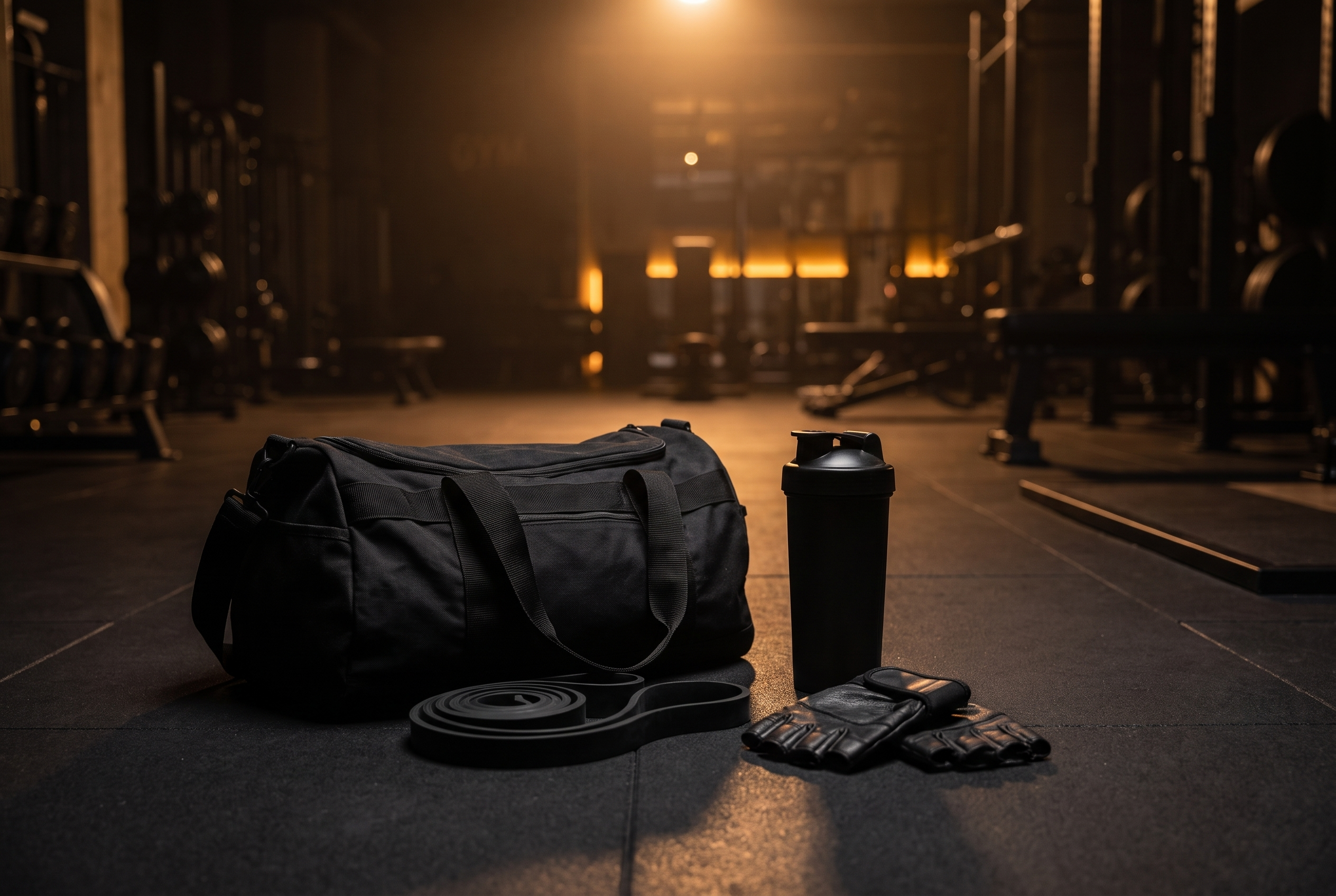 Gym bag, resistance bands, gloves and shaker