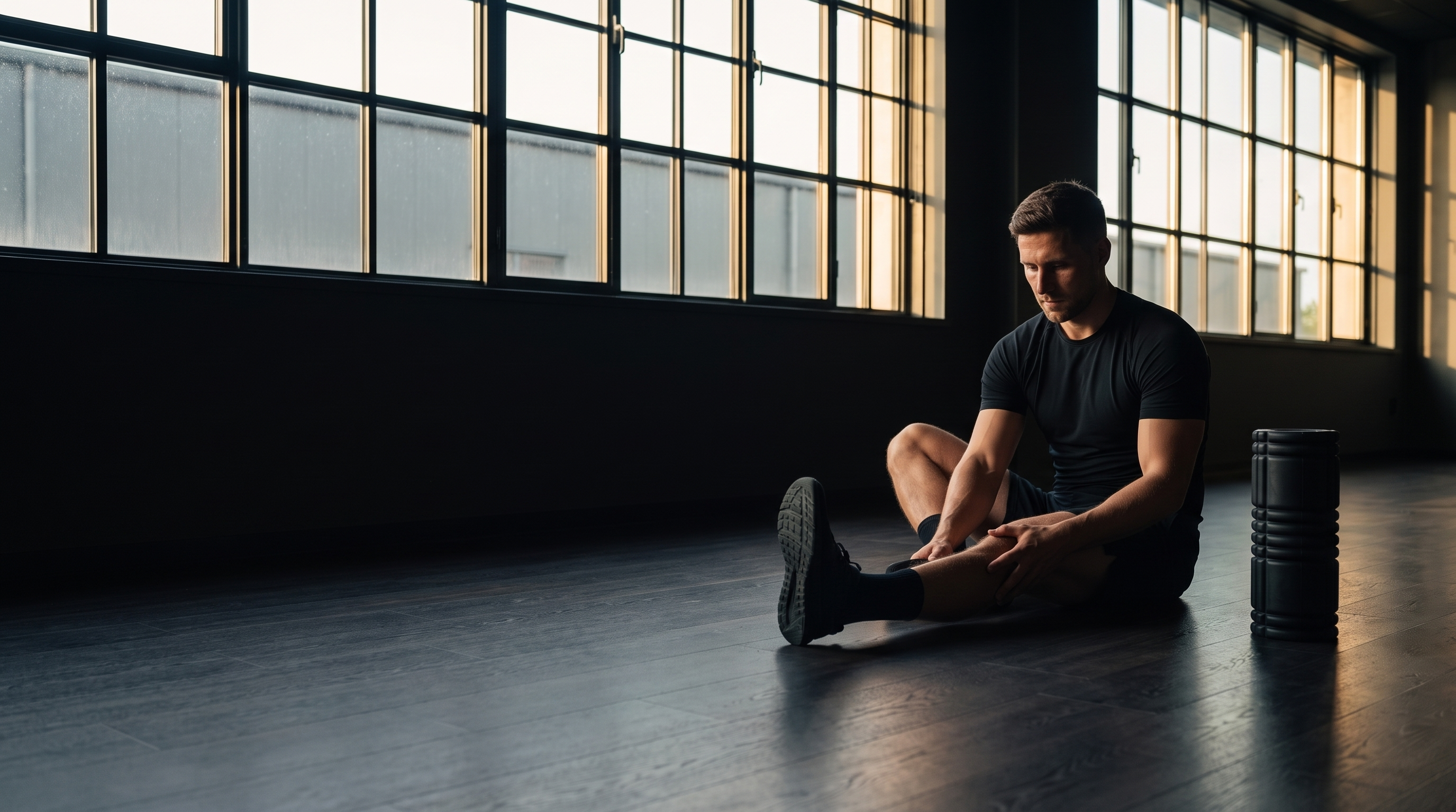 Athlete stretching beside a foam roller in a sunlit studio