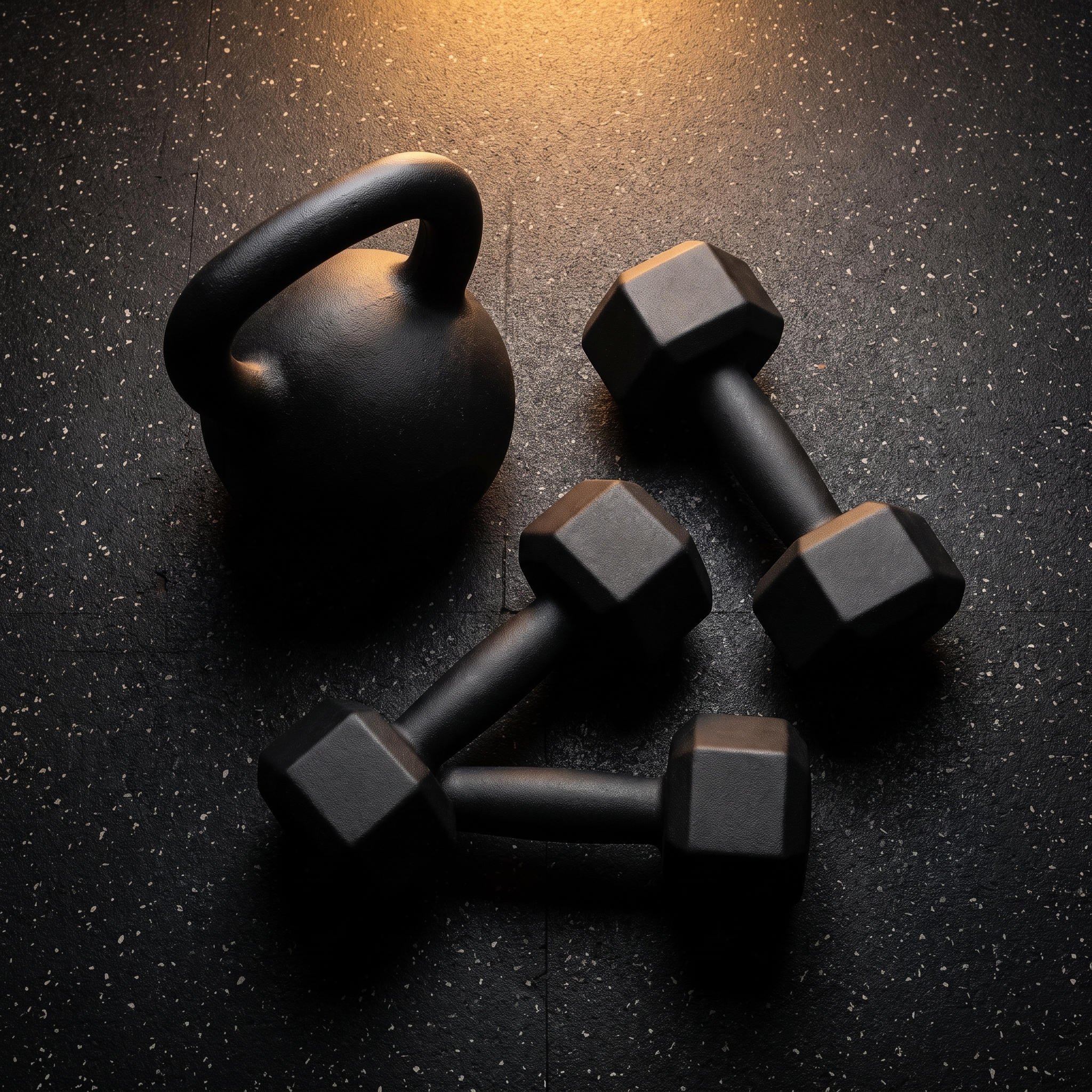 Kettlebell and dumbbells on a gym floor