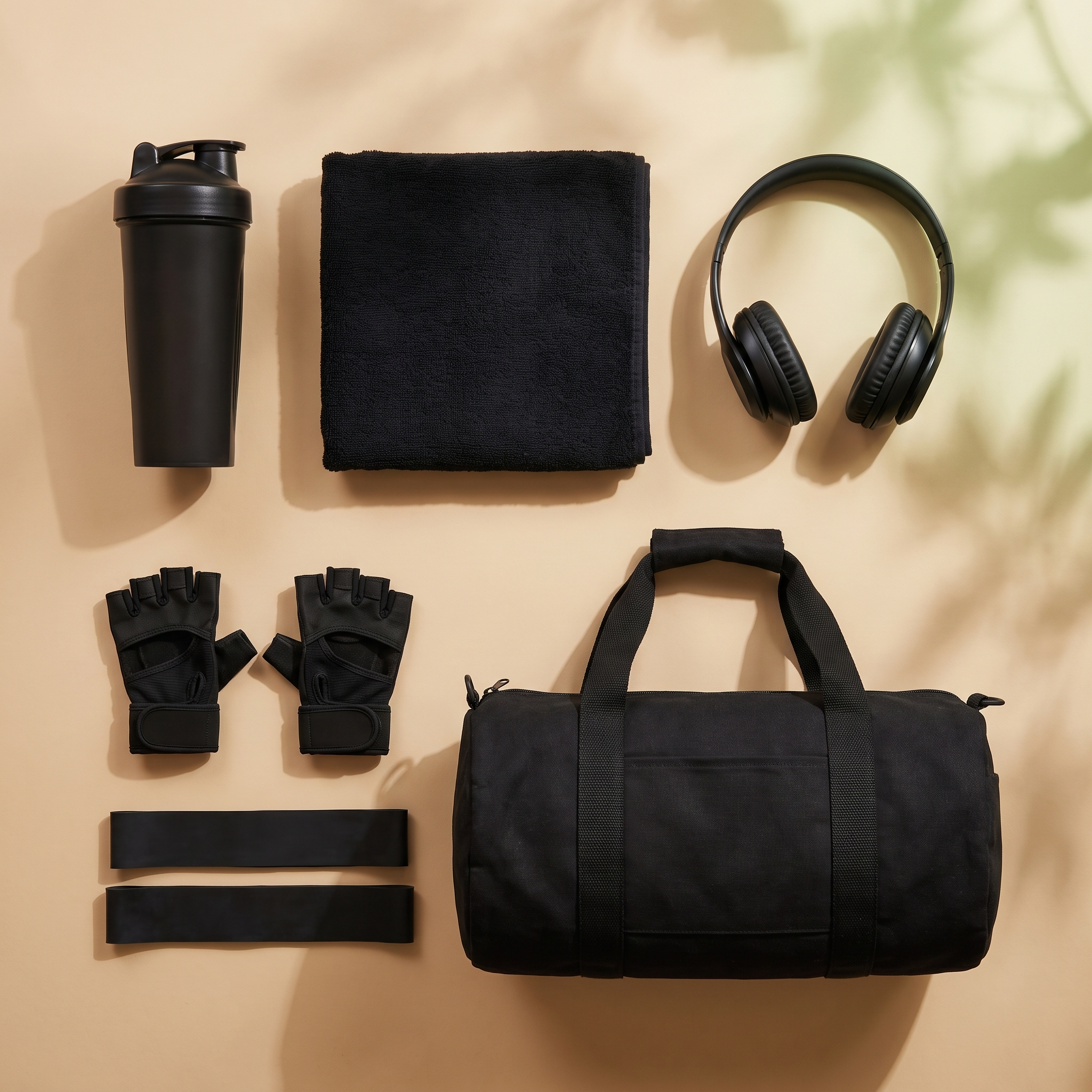 Shaker, towel, headphones, gloves, bands and gym bag