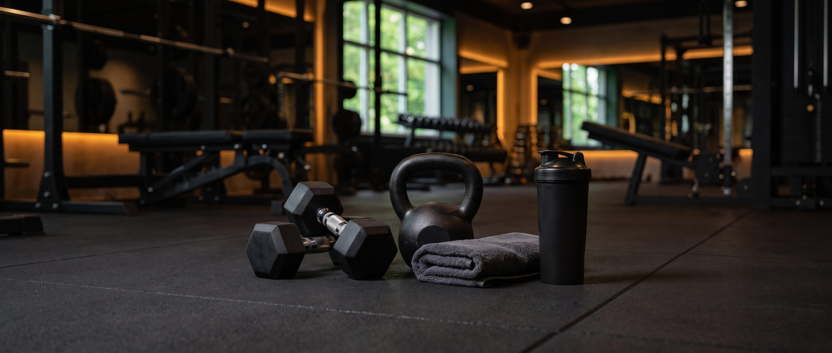Dumbbells, kettlebell, towel and shaker on a gym floor