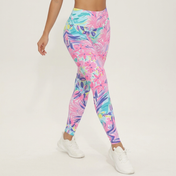 Women's pink tropical floral print fleece-lined leggings - product view