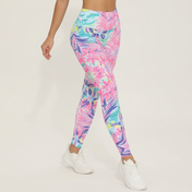 Women's pink tropical floral print fleece-lined leggings - detail view