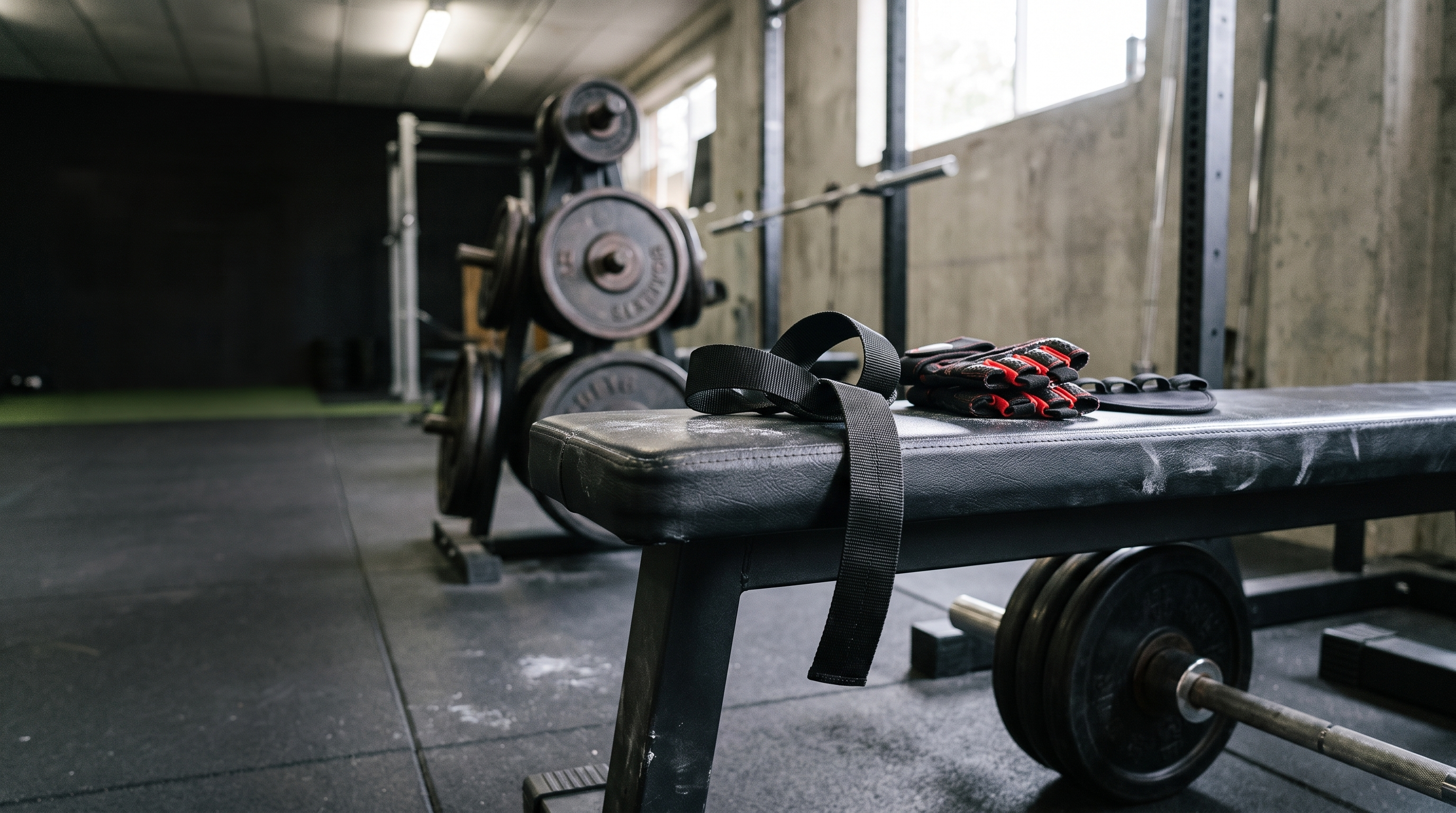 Lifting straps, gloves and grip pads on a gym bench
