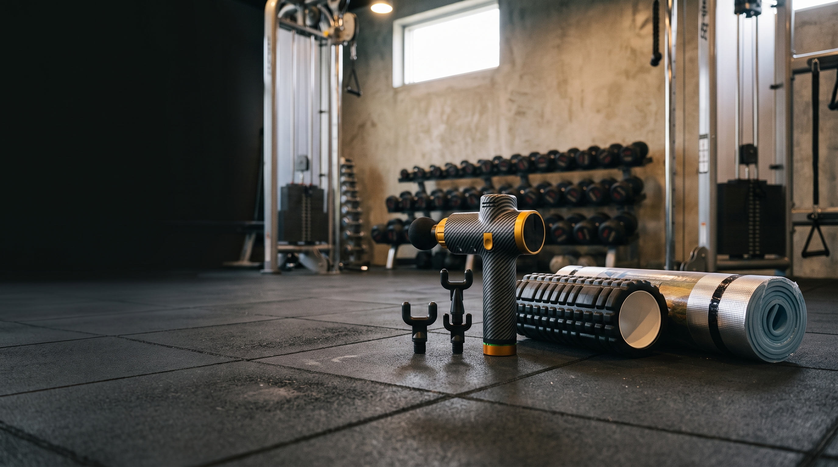 Massage gun, foam roller and exercise mat on a gym floor
