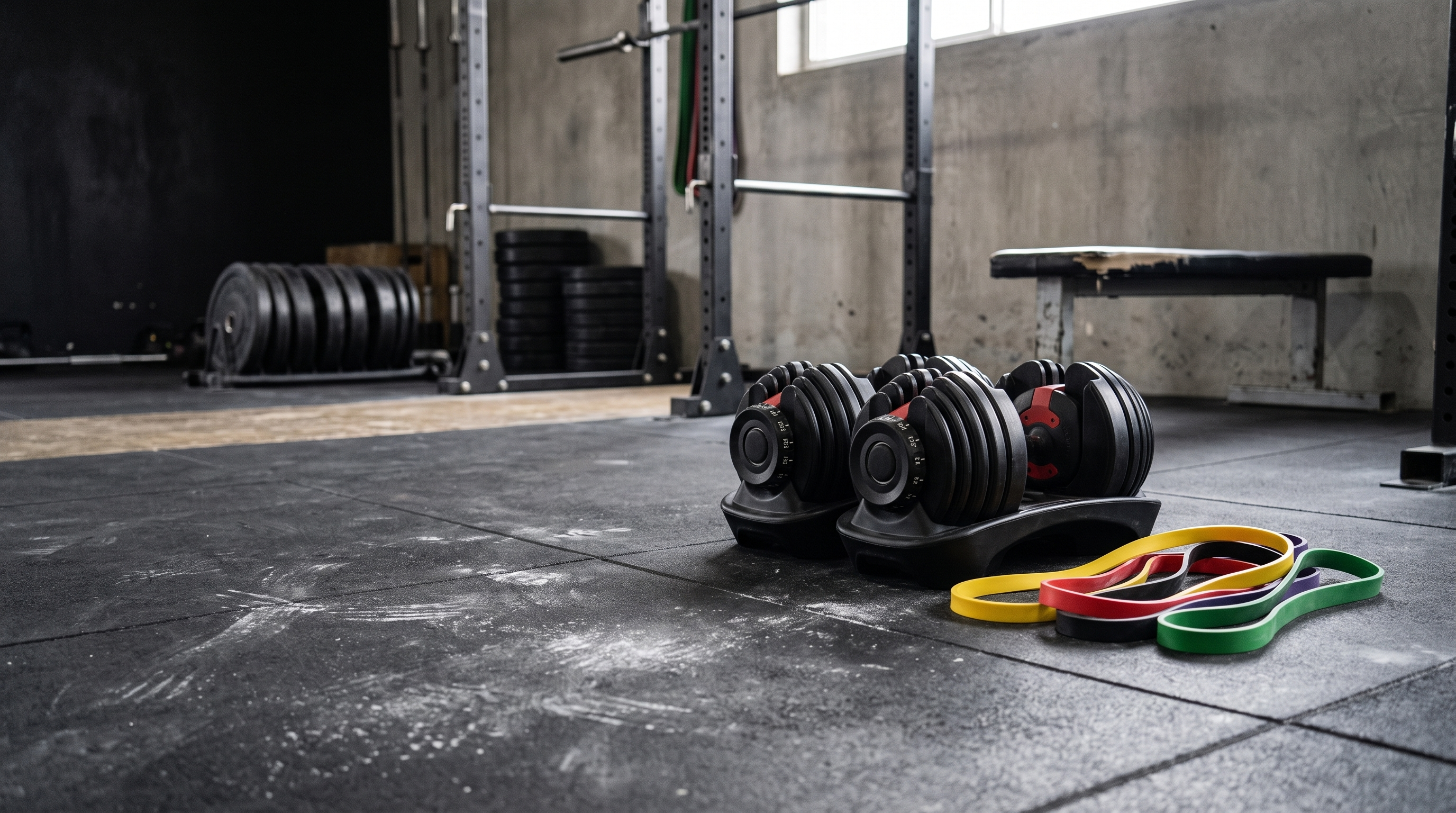 Adjustable dumbbells and resistance bands on a gym floor